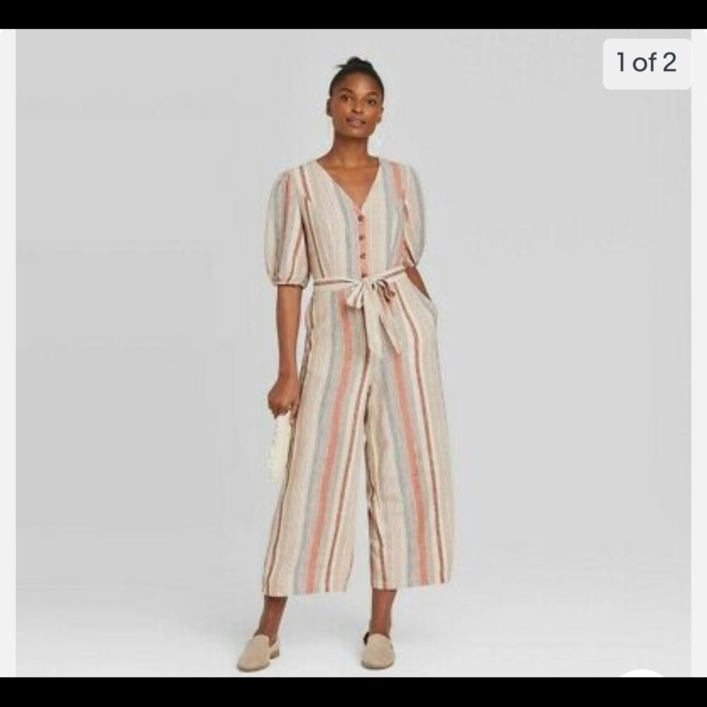 Striped Elbow Sleeve Cropped Jumpsuit - Universal Thread Target - Size S